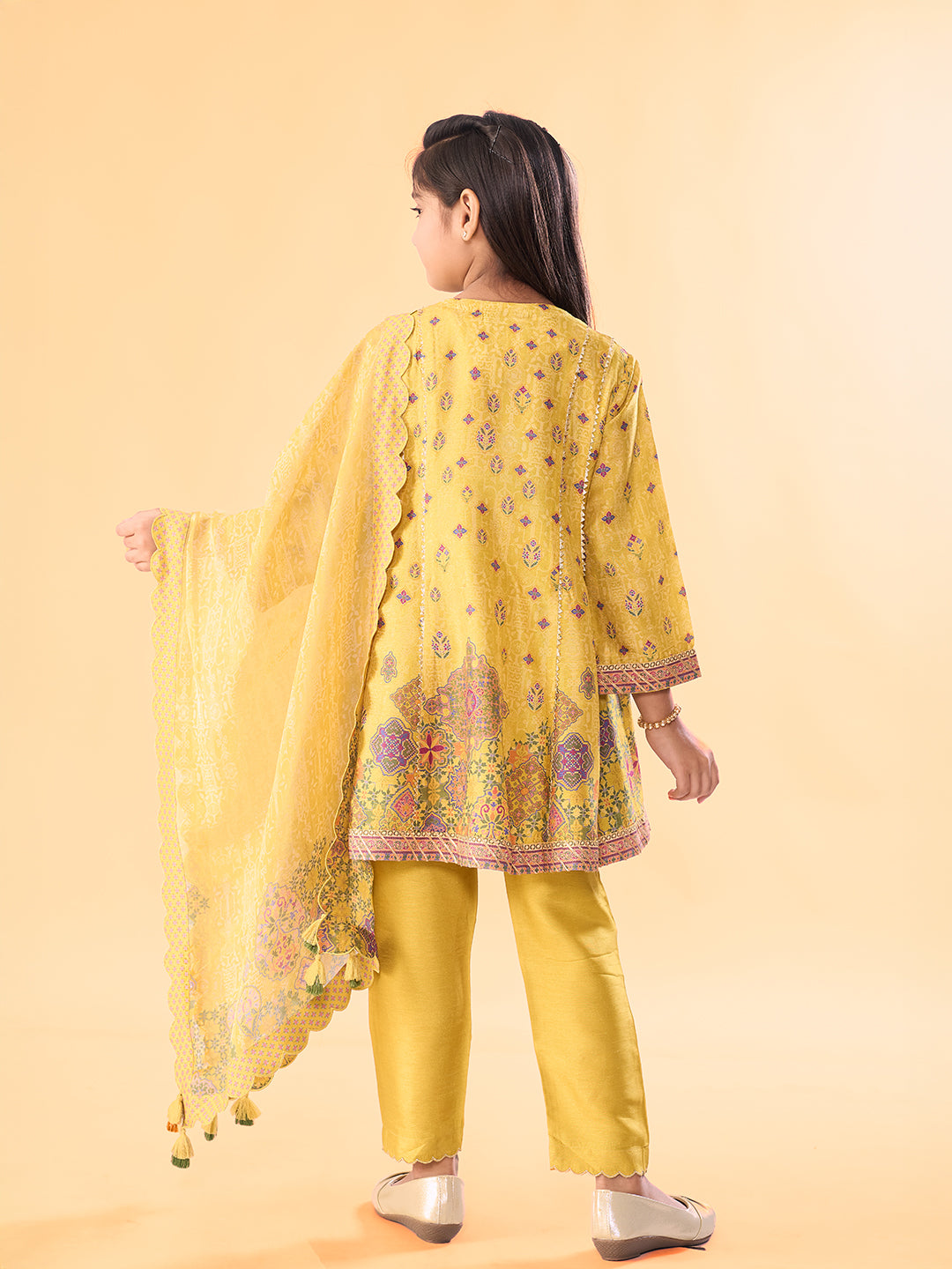 Phoolwari Kurta Set WIth Dupatta - Yellow