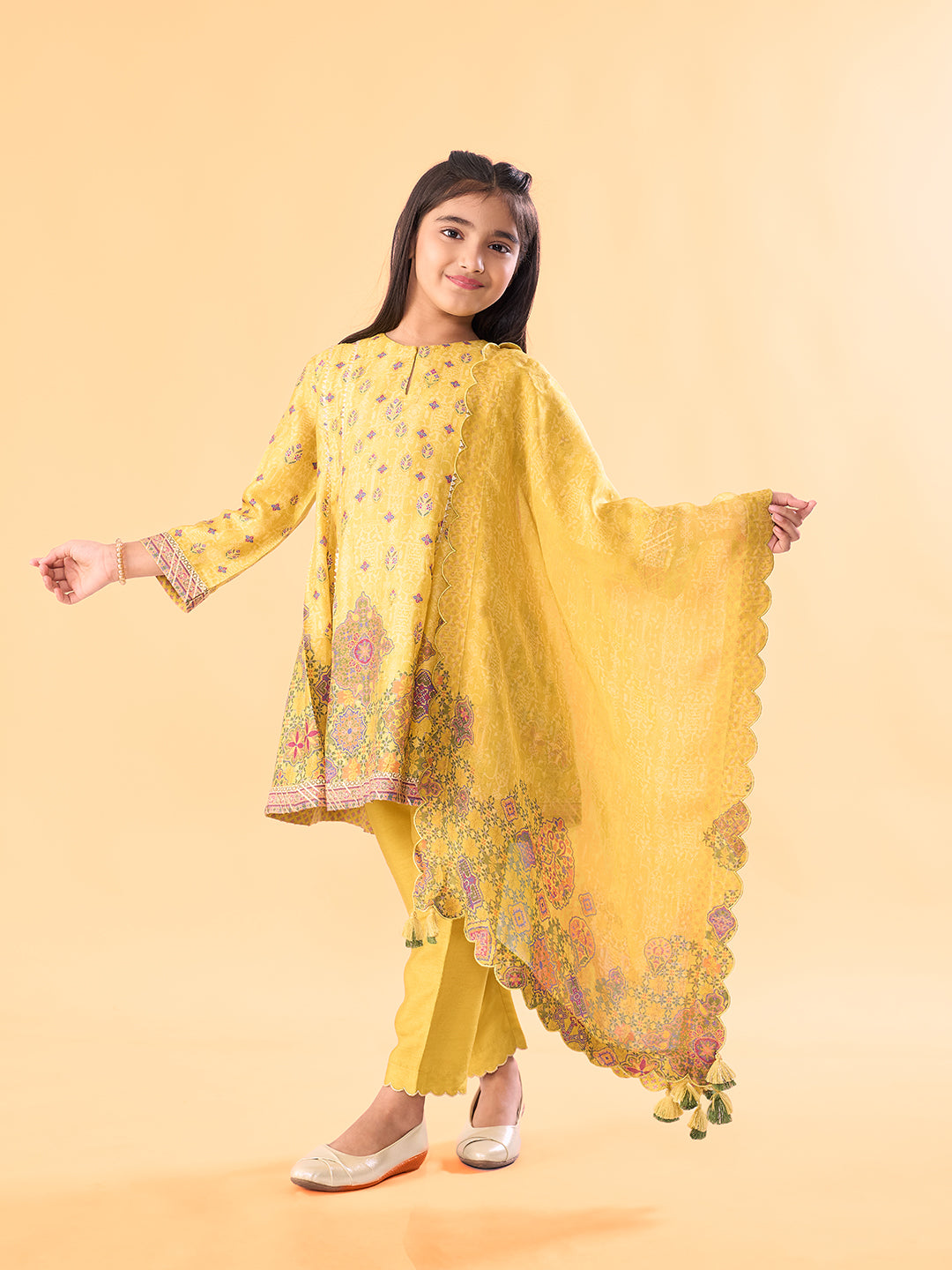 Phoolwari Kurta Set WIth Dupatta - Yellow