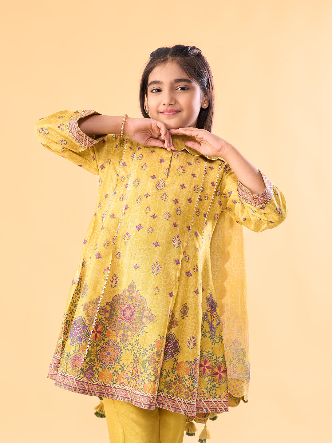 Phoolwari Kurta Set WIth Dupatta - Yellow