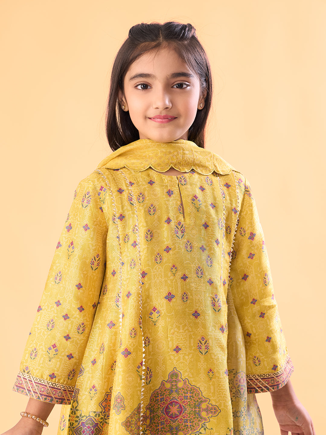 Phoolwari Kurta Set WIth Dupatta - Yellow