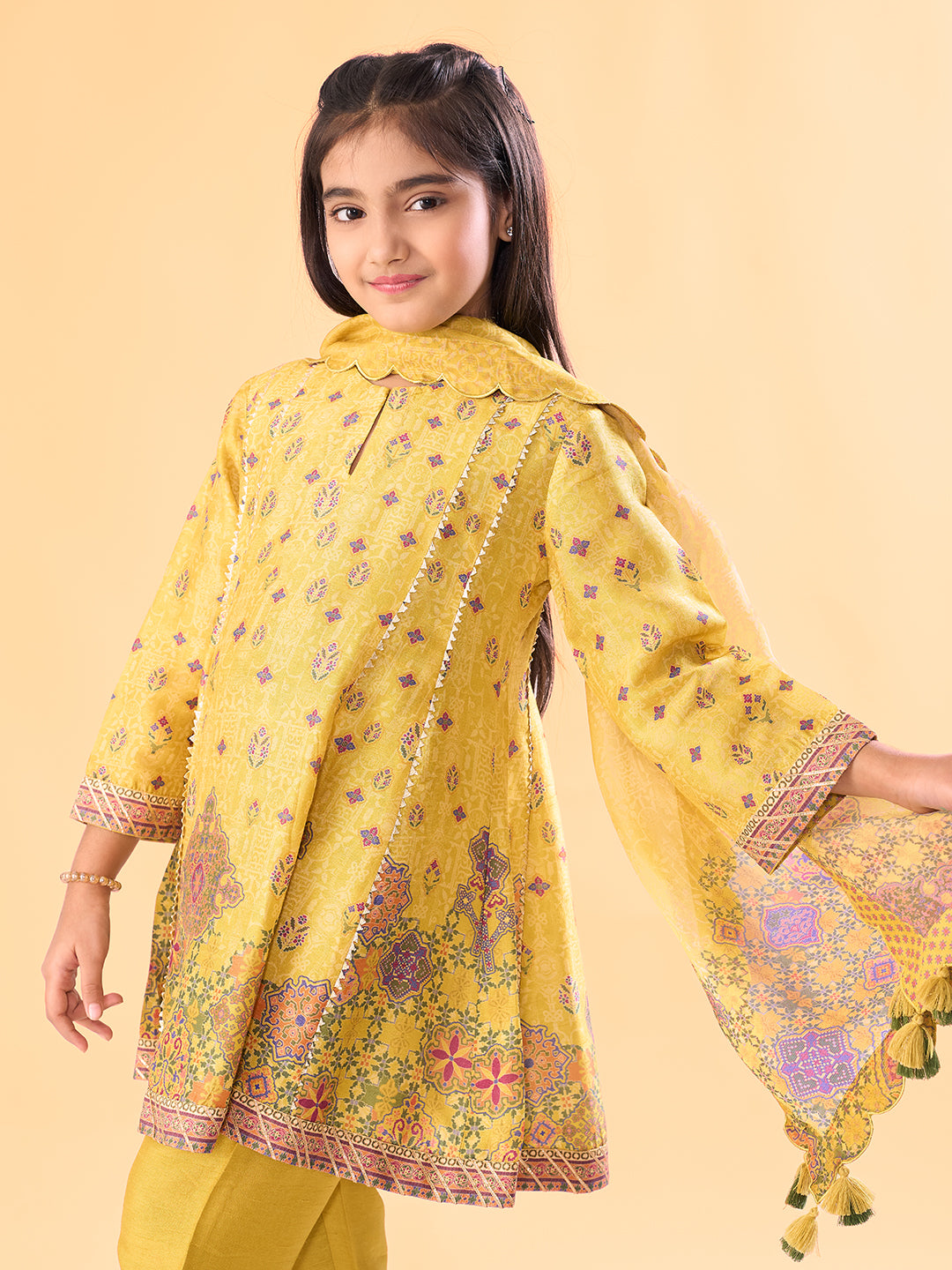 Phoolwari Kurta Set WIth Dupatta - Yellow