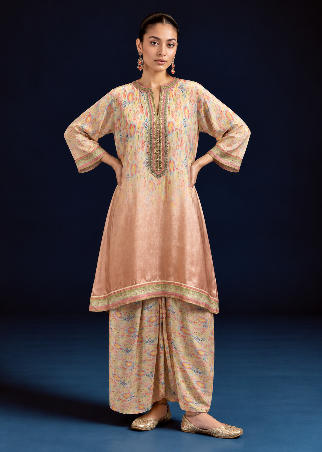 Aroha Ikat-inspired kurta set - Peach/yellow
