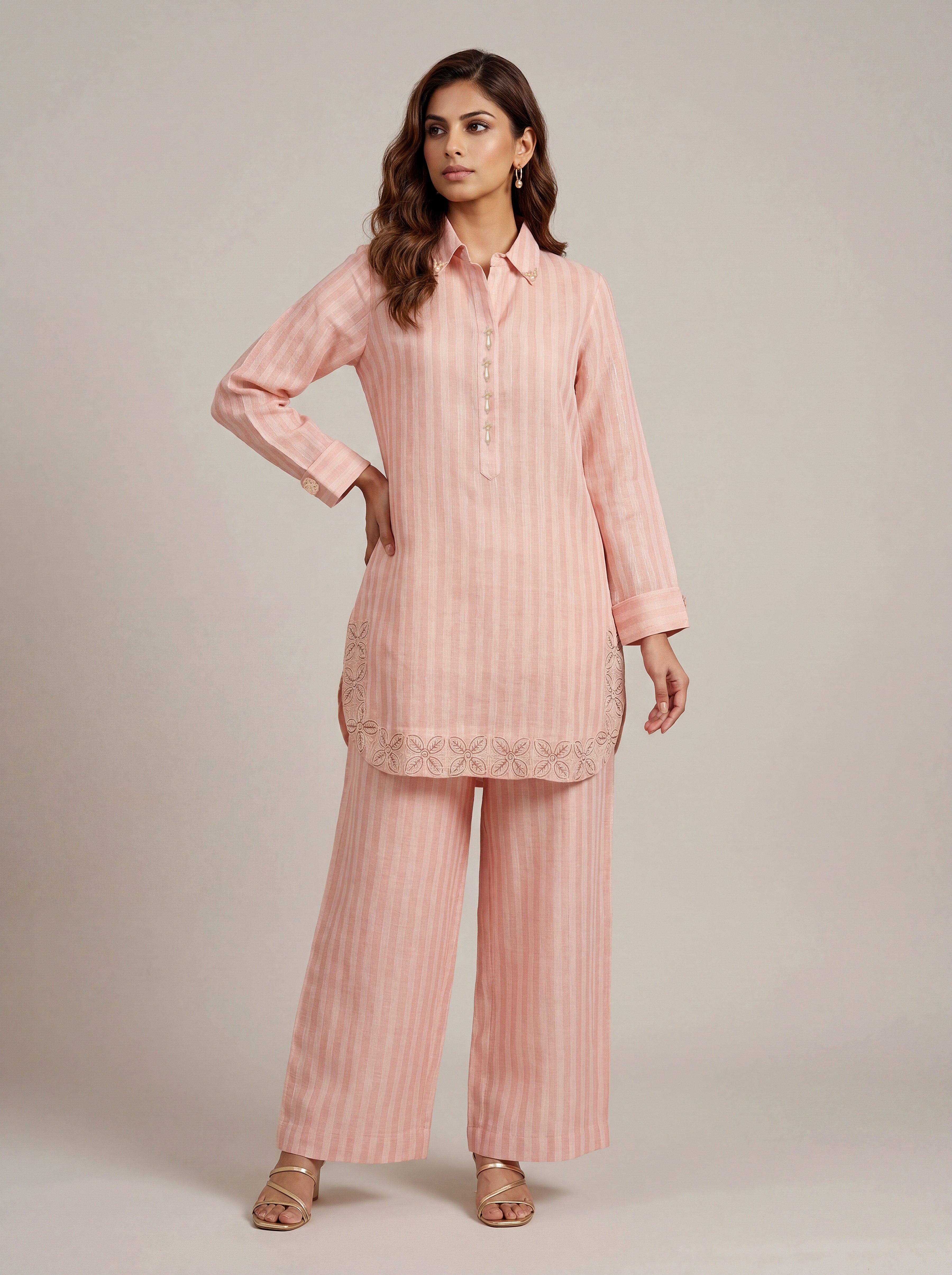 Striped rekha co-ord set - Pink