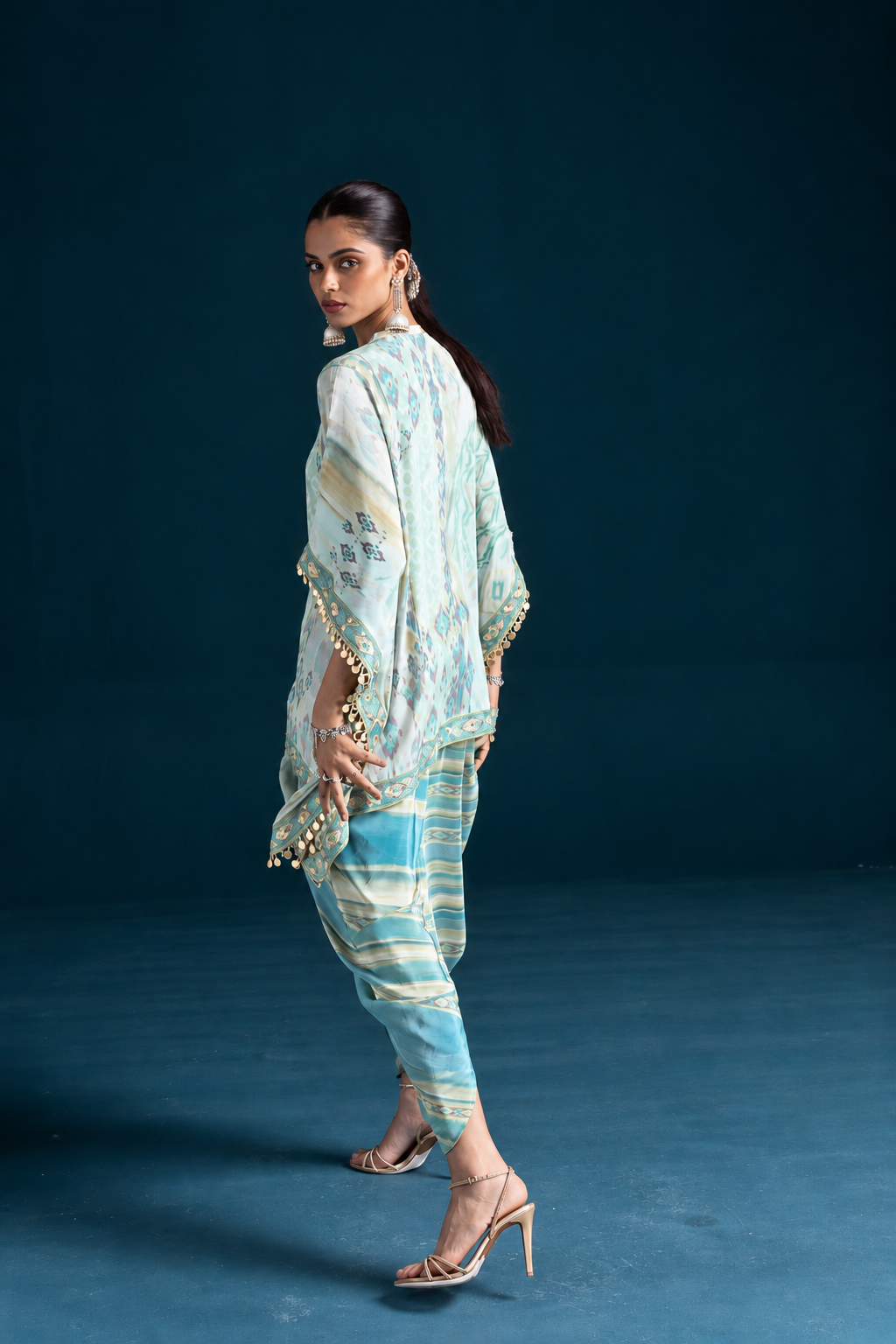 Mehr Ikat-Inspired Kaftan & Dhoti Co-ord Set - Mint