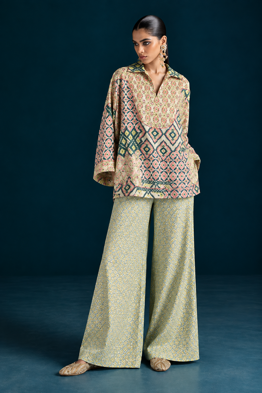 Rangrez Ikat-inspired skirt and bottom Co-ord set - Green