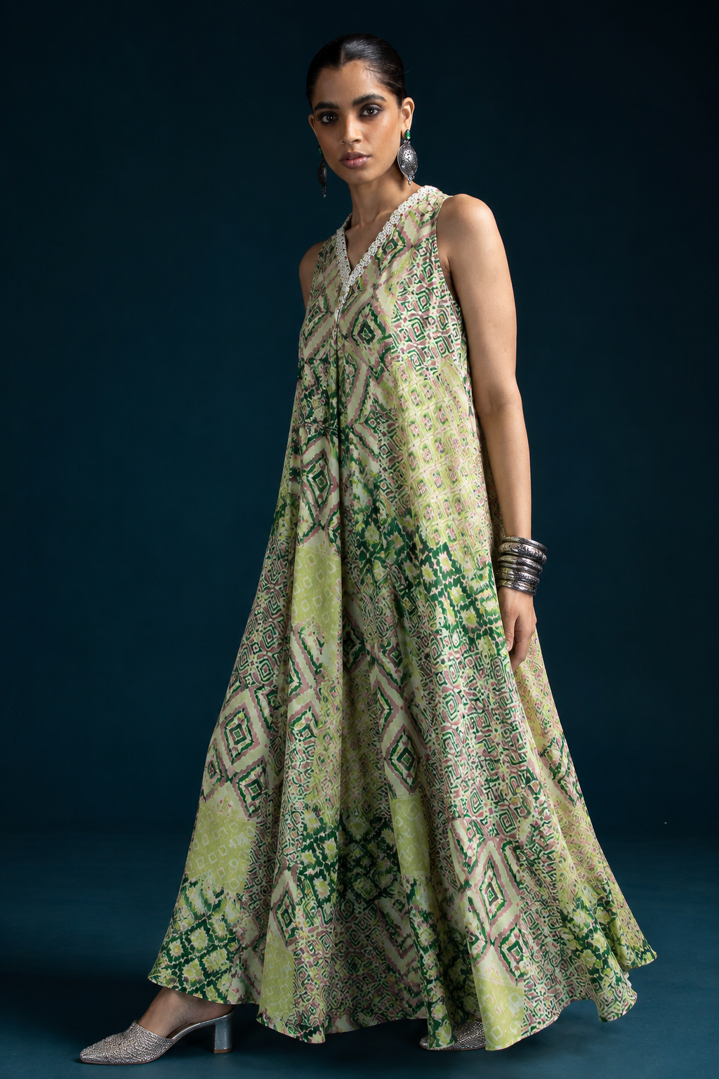 Mahru Ikat-Inspired Flared Jumpsuit – Green