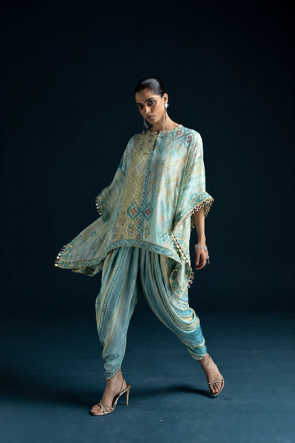 Mehr Ikat-Inspired Kaftan & Dhoti Co-ord Set - Mint