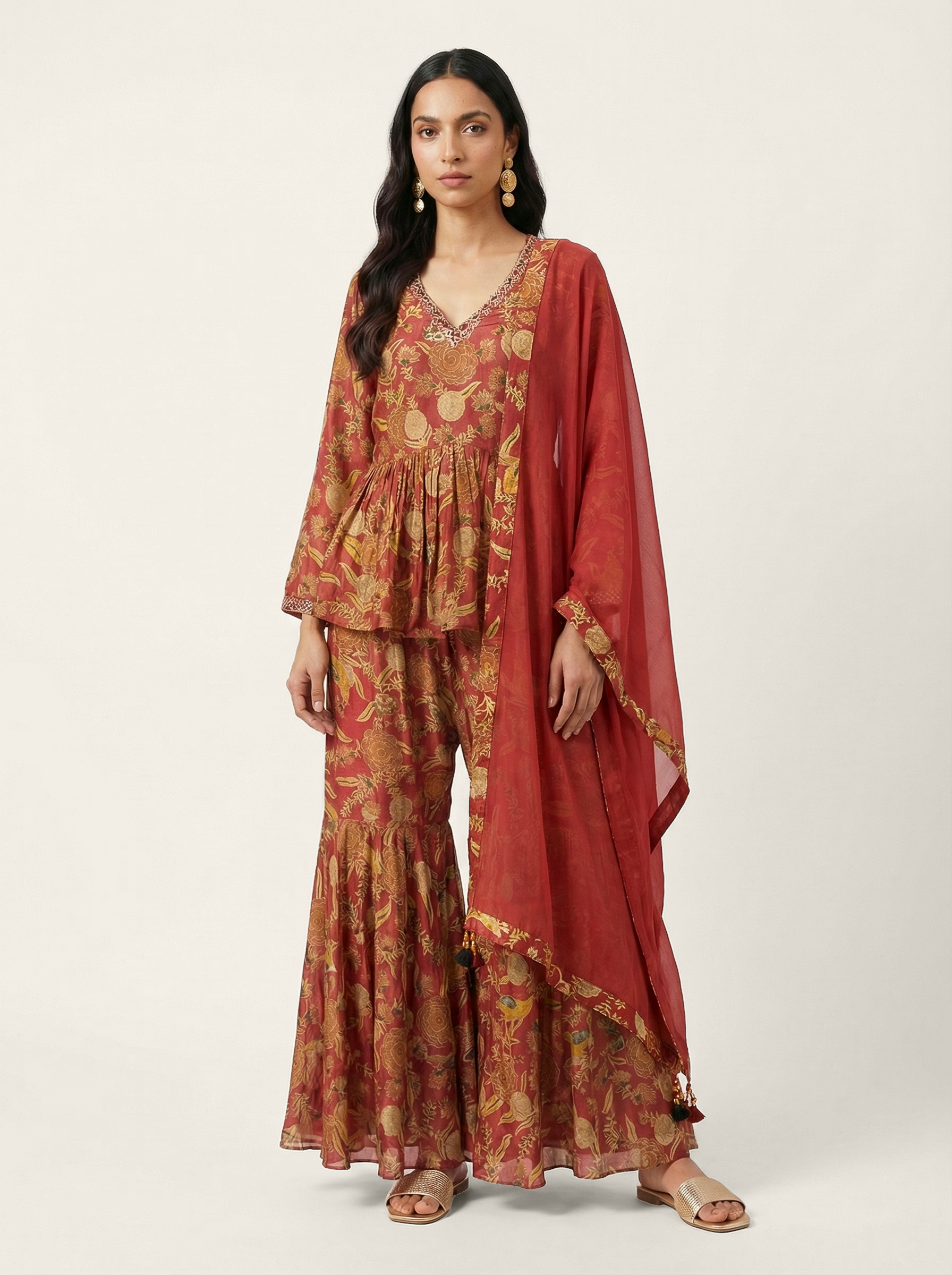 Gulnaar Kurta Sharara Set - Rust
