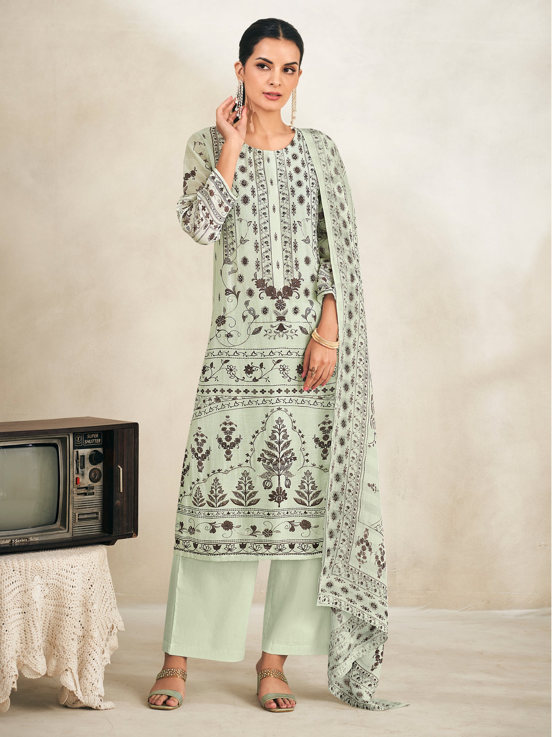 Saleha Unstitched Kurta Set - Mint
