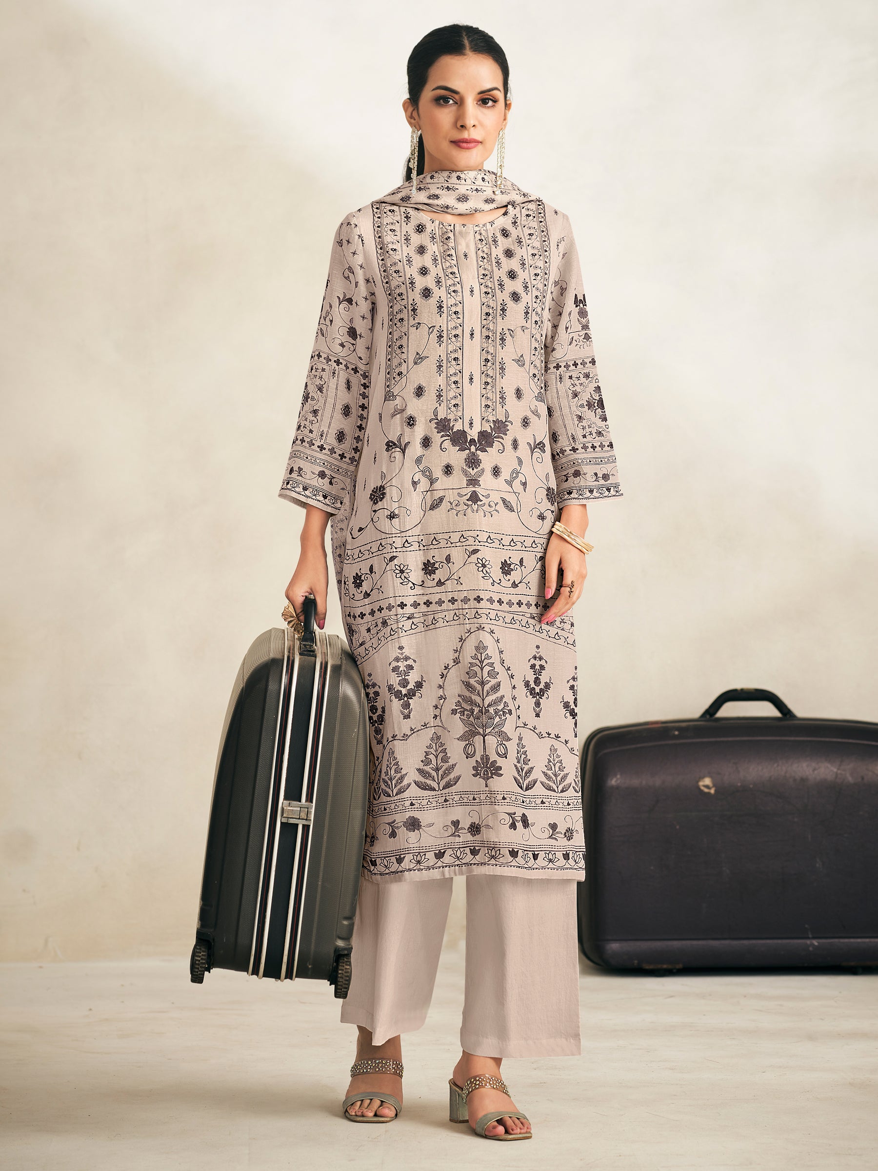 Saleha Unstitched Kurta Set - Brown