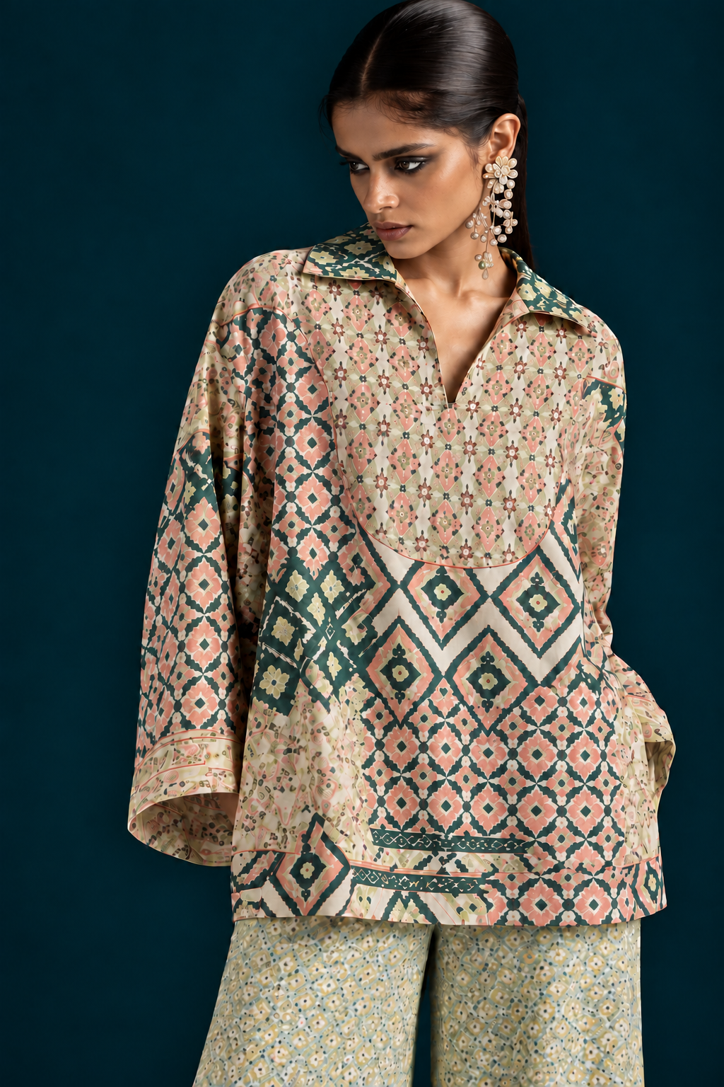 Rangrez Ikat-inspired skirt and bottom Co-ord set - Green