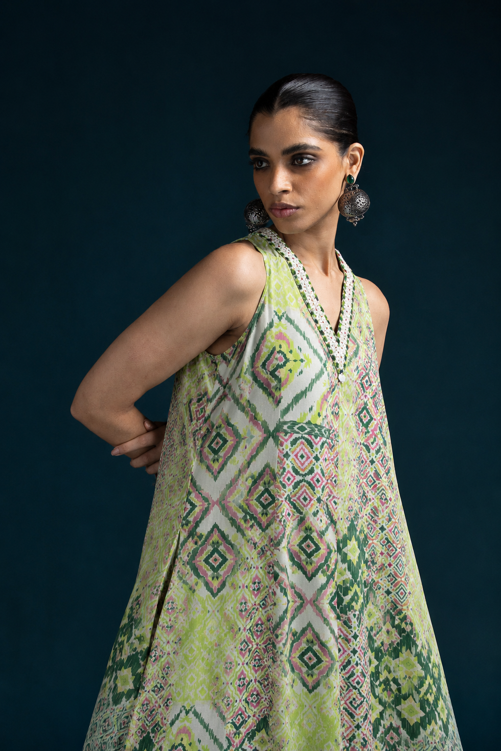 Mahru Ikat-Inspired Flared Jumpsuit – Green