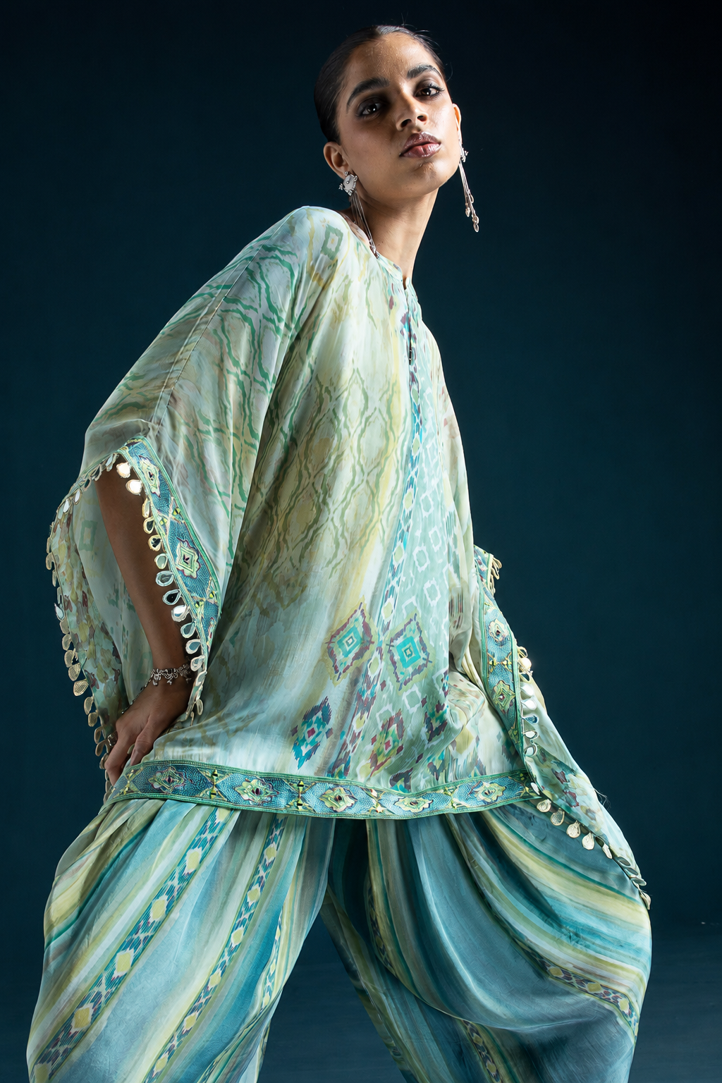 Mehr Ikat-Inspired Kaftan & Dhoti Co-ord Set - Mint