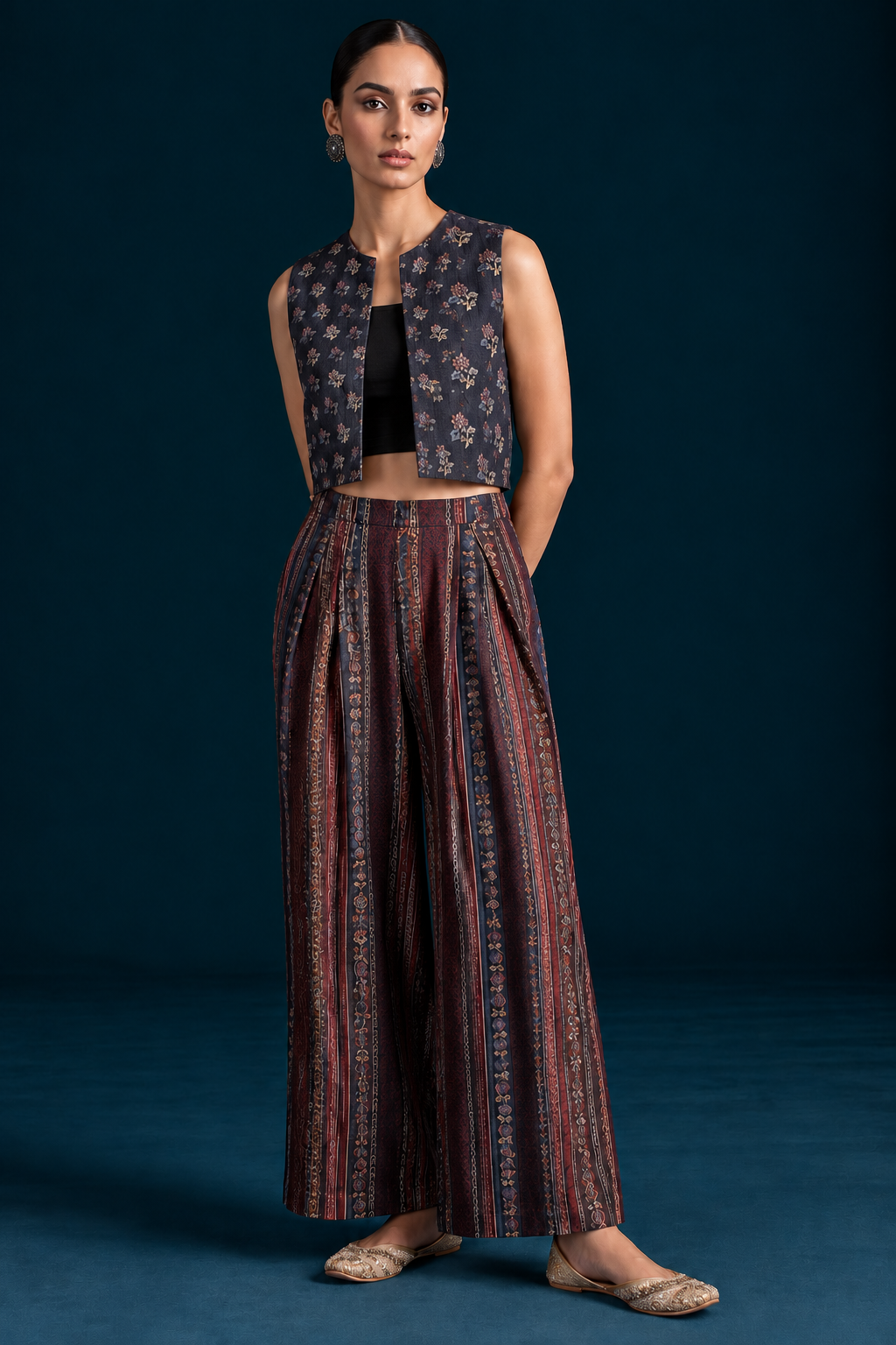 Rekh Kalamkari-inspired Co-ord Set with Jacket - Black