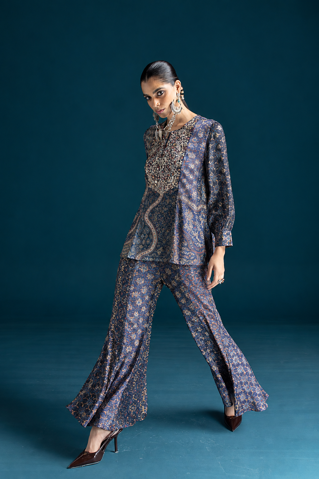 Nazm Ajrakh-Inspired Tunic & Palazzo Co-ord Set – Navy Blue