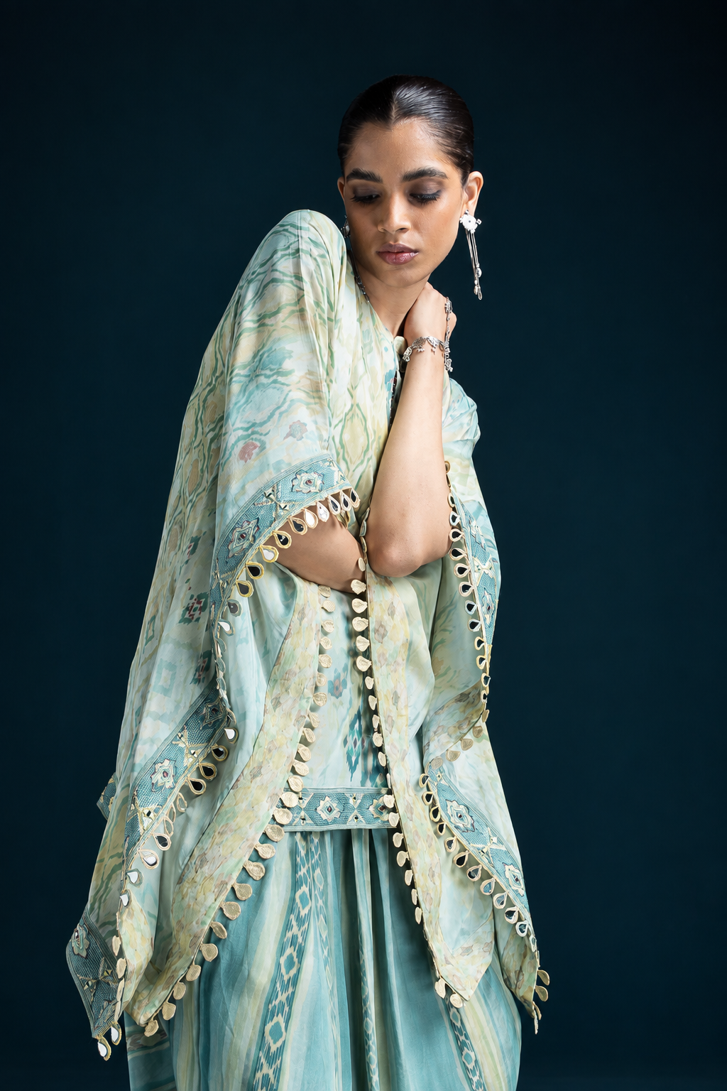 Mehr Ikat-Inspired Kaftan & Dhoti Co-ord Set - Mint