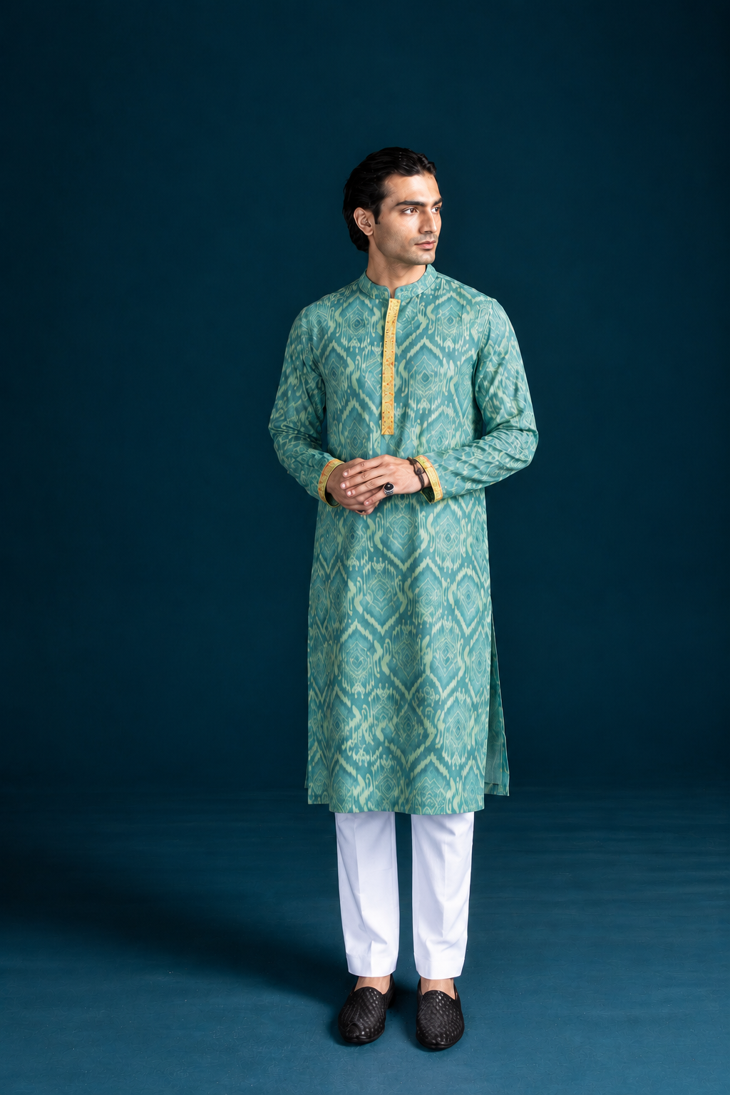Gumaan Ikat-Inspired Printed Men's Kurta – Teal