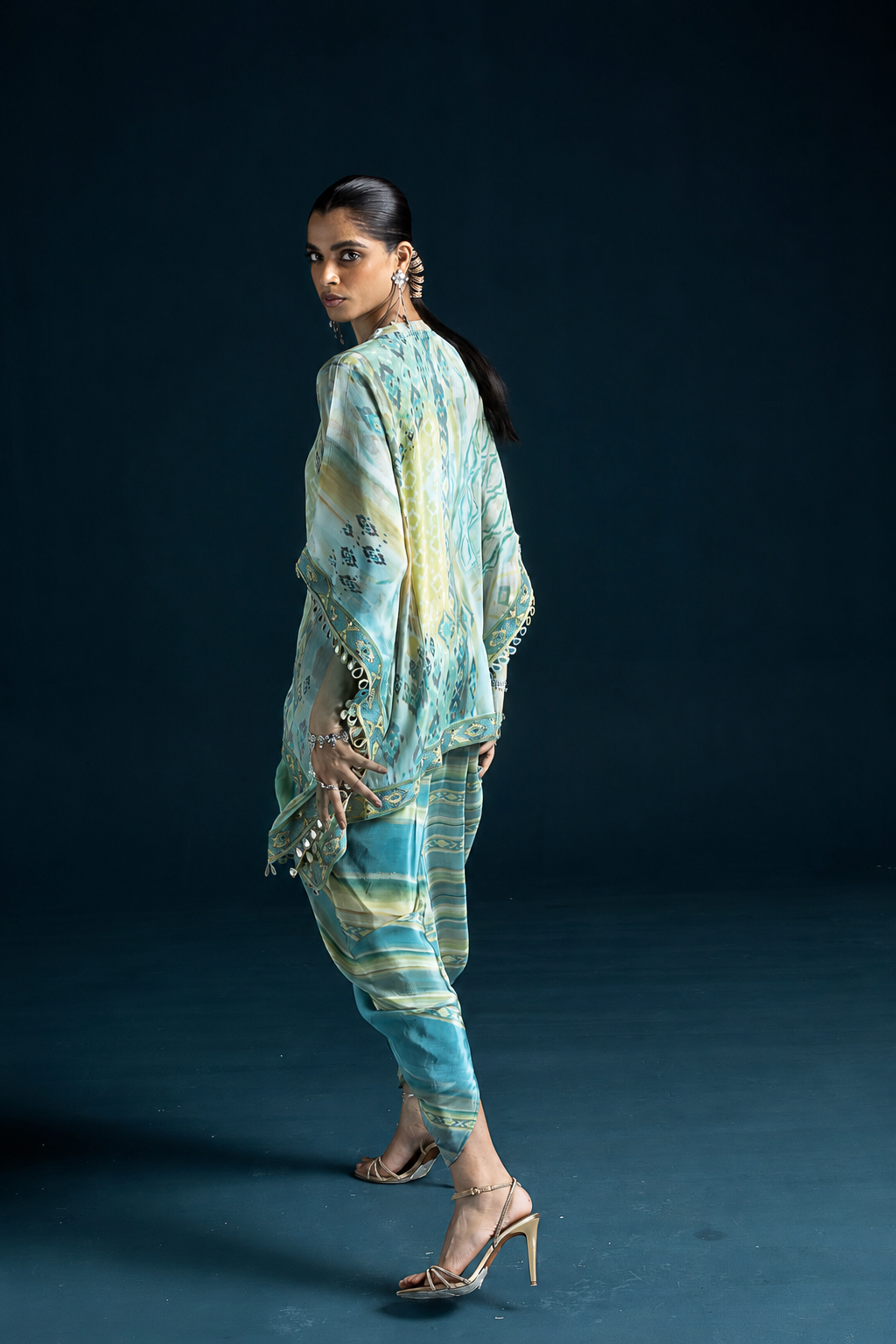 Mehr Ikat-Inspired Kaftan & Dhoti Co-ord Set - Mint