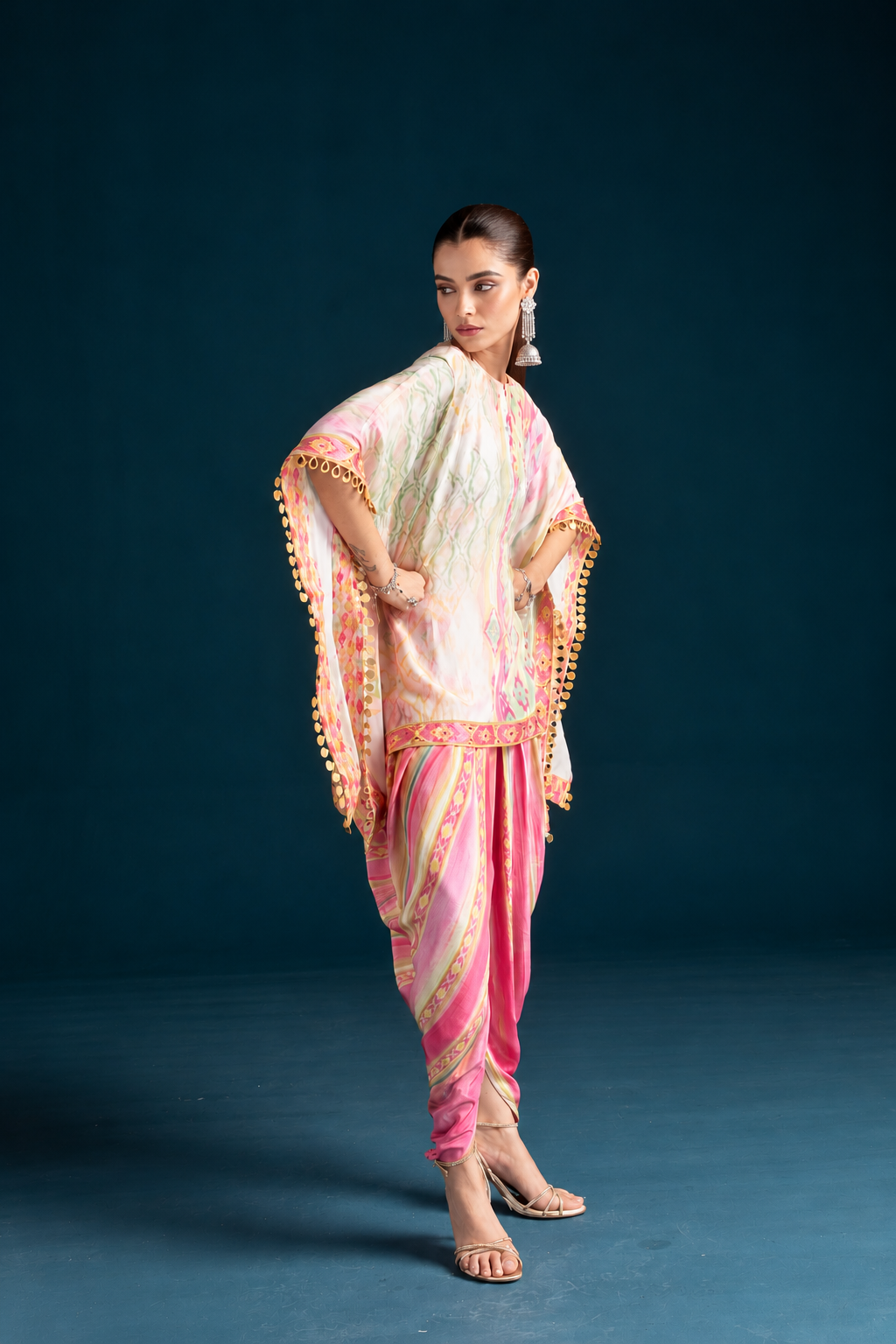 Mehr Ikat-Inspired Kaftan & Dhoti Co-ord Set - Pink