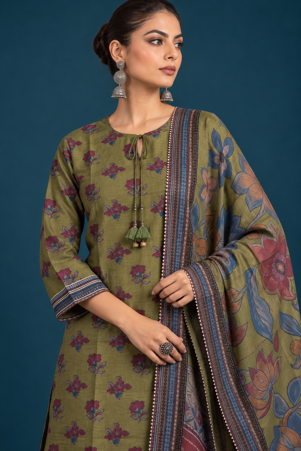 Neer Kalamkari-inspired Kurta Set-Olive