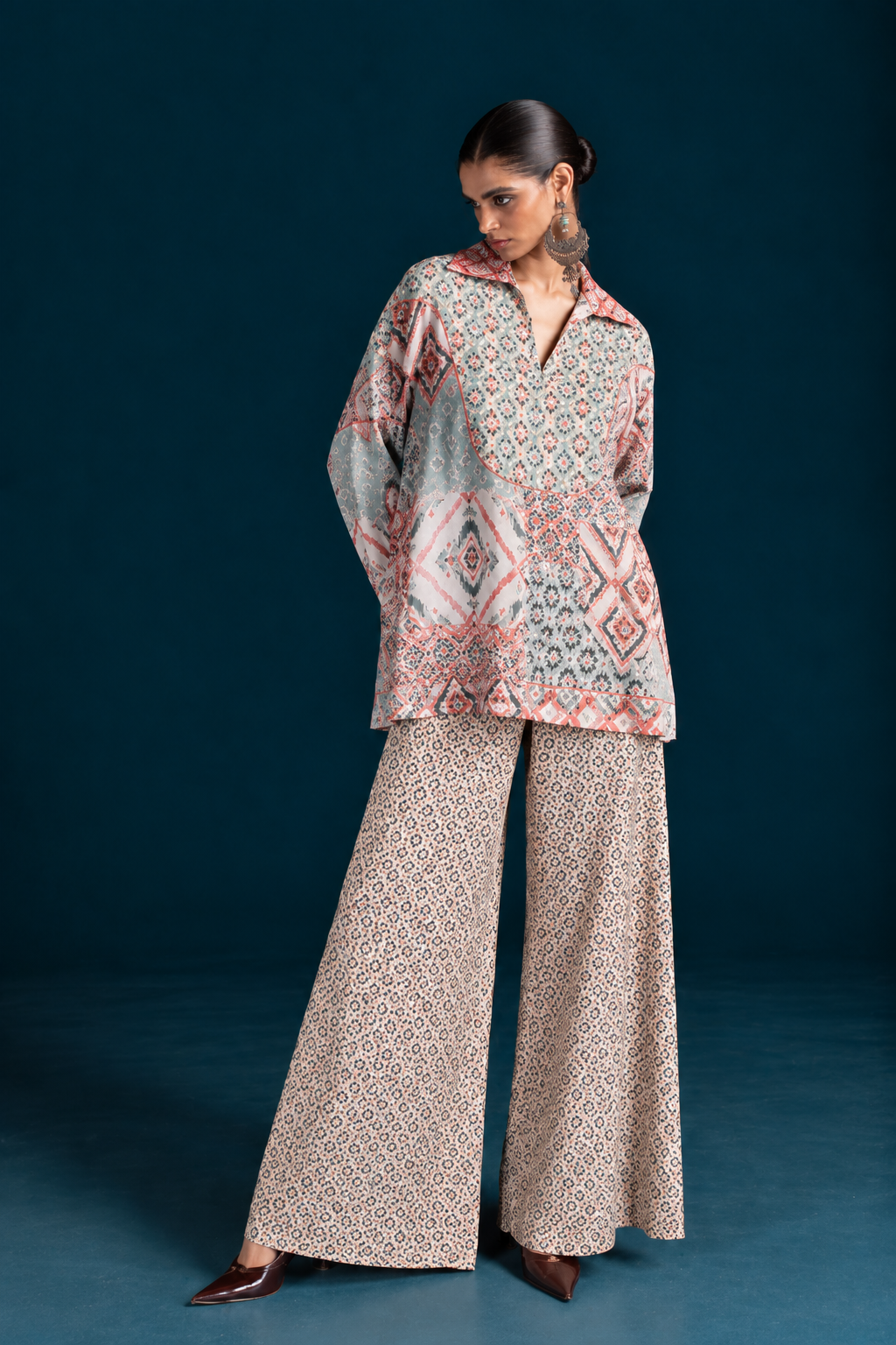 Rangrez Ikat-inspired skirt and bottom Co-ord set - Mint Blue