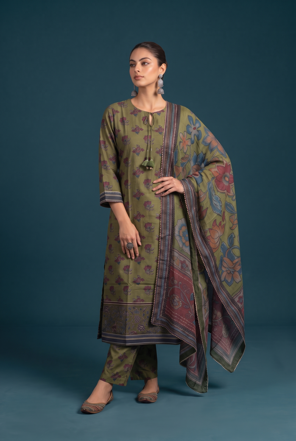 Neer Kalamkari-inspired Kurta Set-Olive