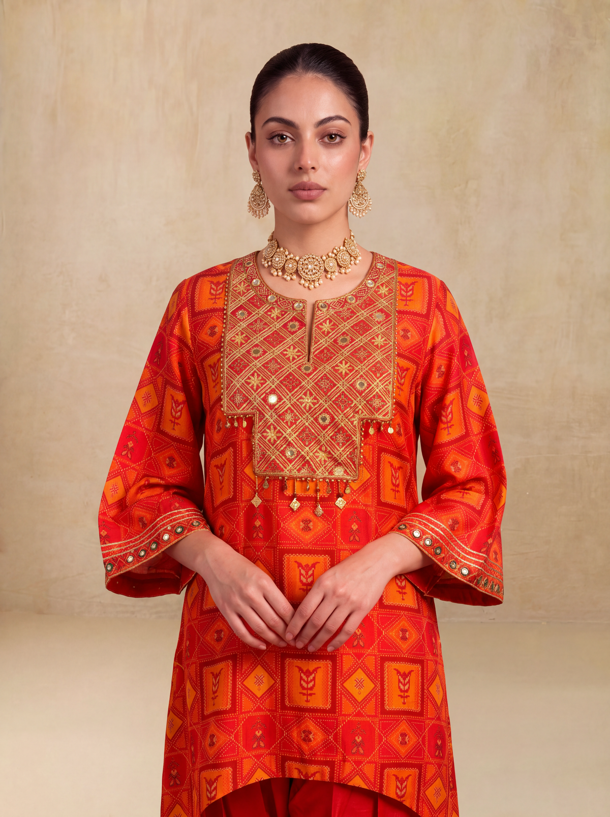 Mehram Asymmetric Kurta Set-Red/Orange