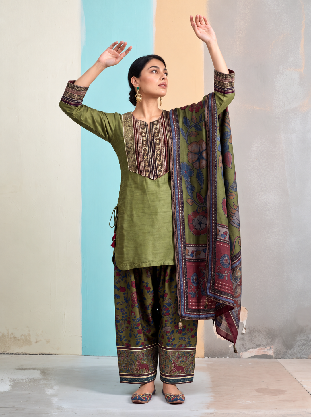 Tivra Kalamkari-inspired Salwar Set-Olive