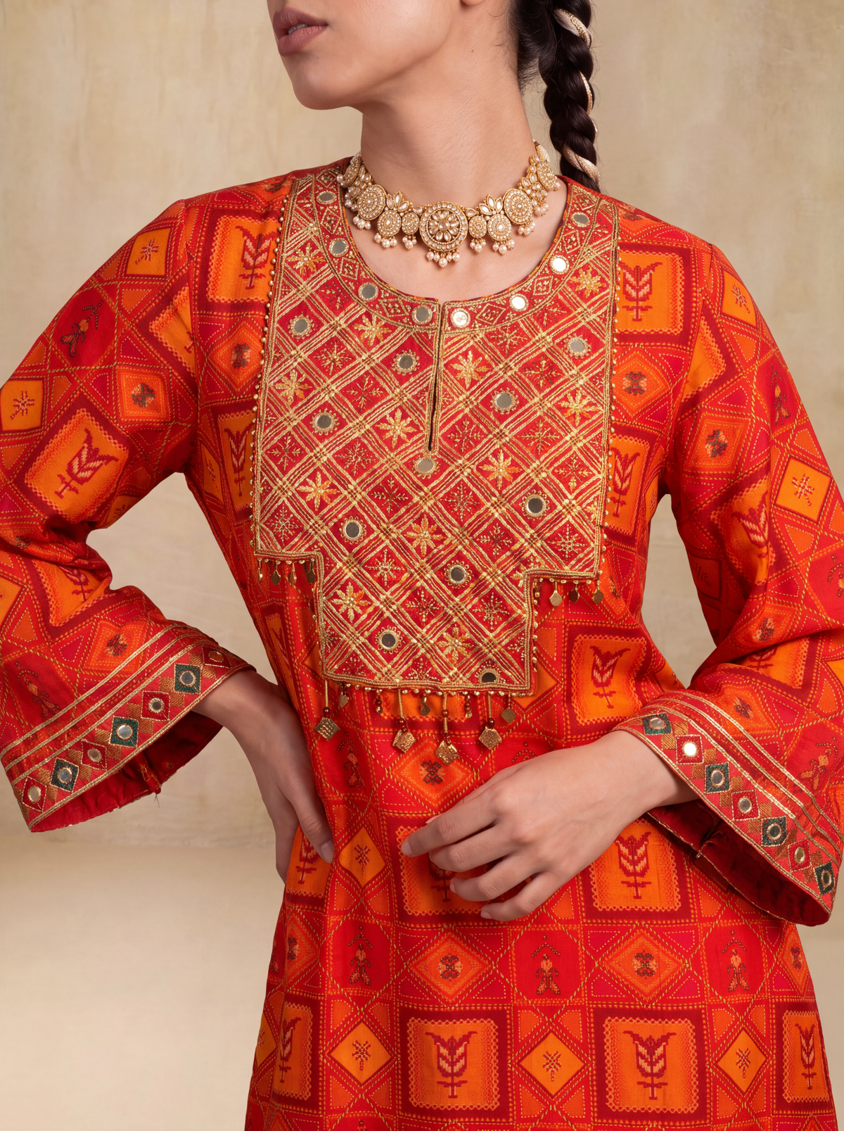 Mehram Asymmetric Kurta Set-Red/Orange