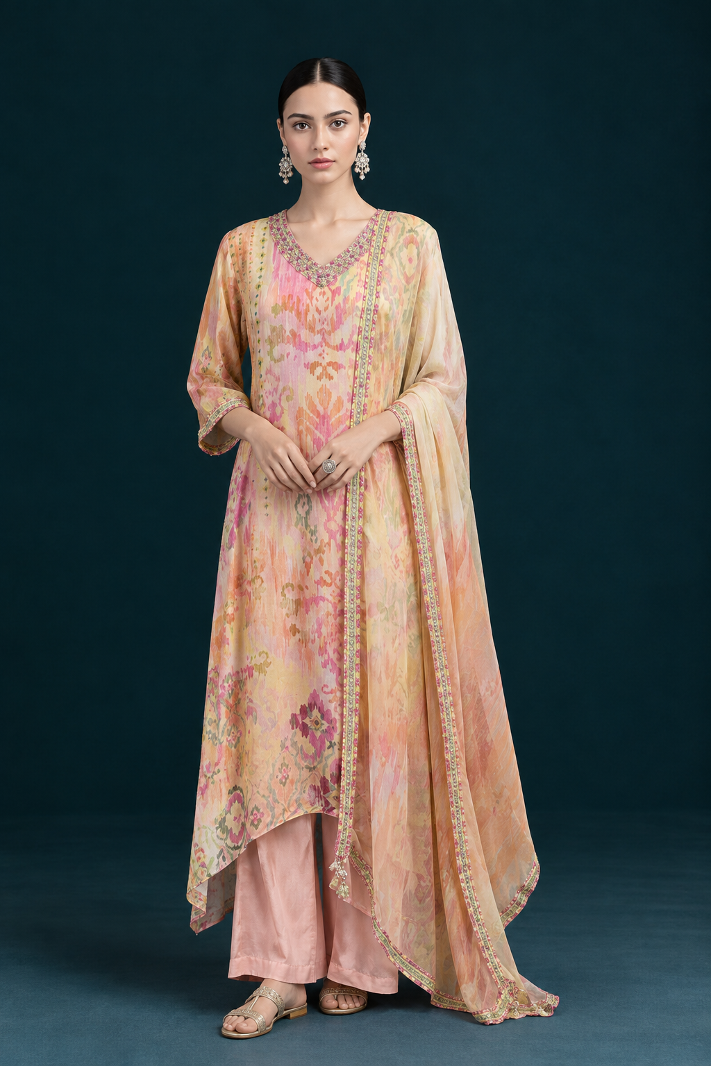 Zoya Ikat-inspired kurta set-Peach/yellow