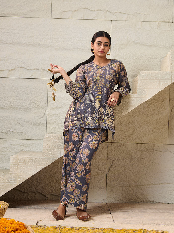Grey Printed Co-ord Set | Shop Saundh