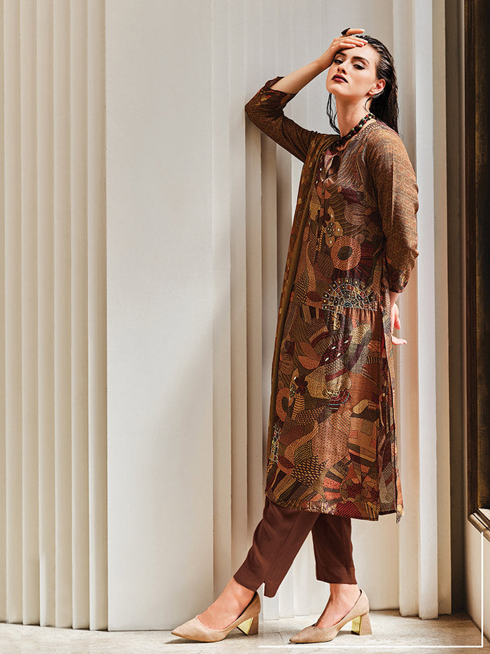 Ada Brown Unstitched Kurta Set| Shop Saundh