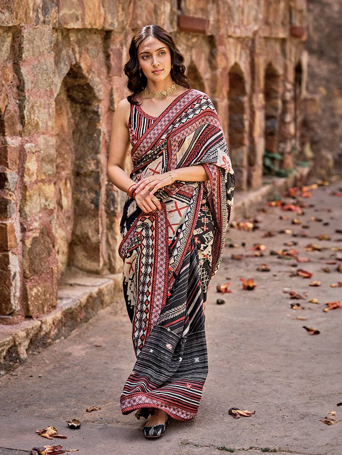 Srija Black Printed Saree | Shop Saundh