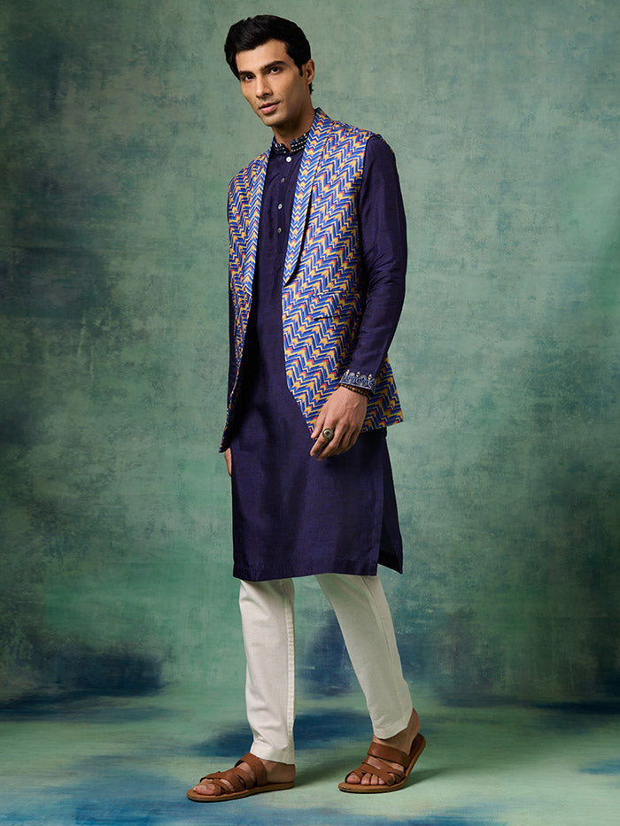 Blue Printed Waistcoat | Shop Saundh Man