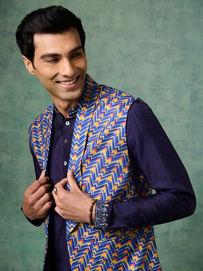 Blue Printed Waistcoat | Shop Saundh Man