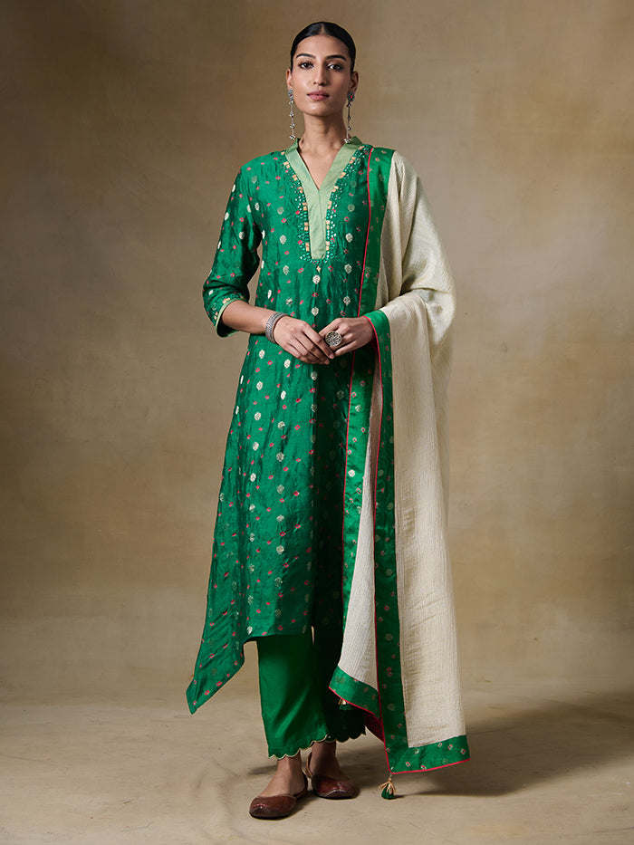 Azlaan Wild Grace Bottle Green Kurta Jacket Set