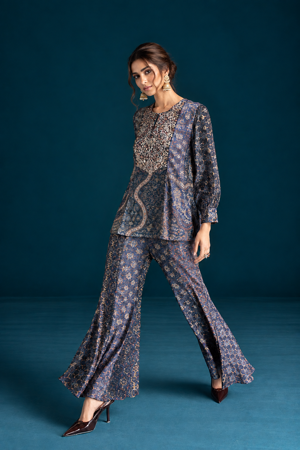 Nazm Ajrakh-Inspired Tunic & Palazzo Co-ord Set - Navy Blue