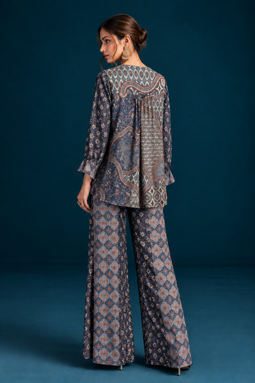Nazm Ajrakh-Inspired Tunic & Palazzo Co-ord Set - Navy Blue