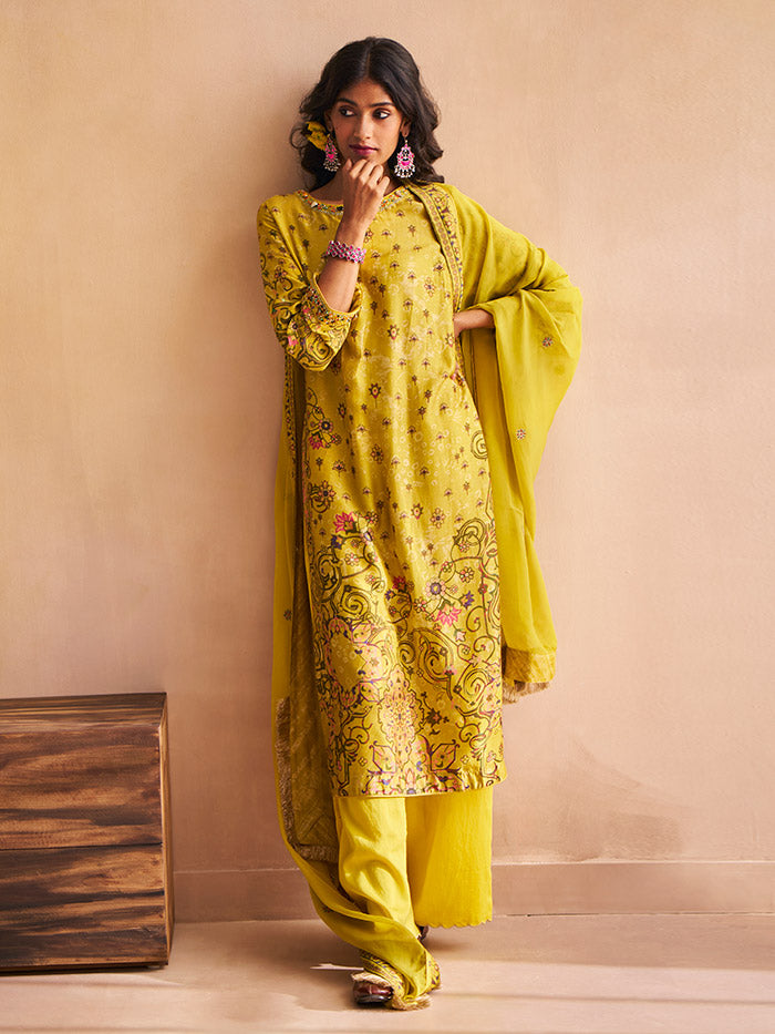 Yellow Printed Kurta & Bottom| Shop Saundh