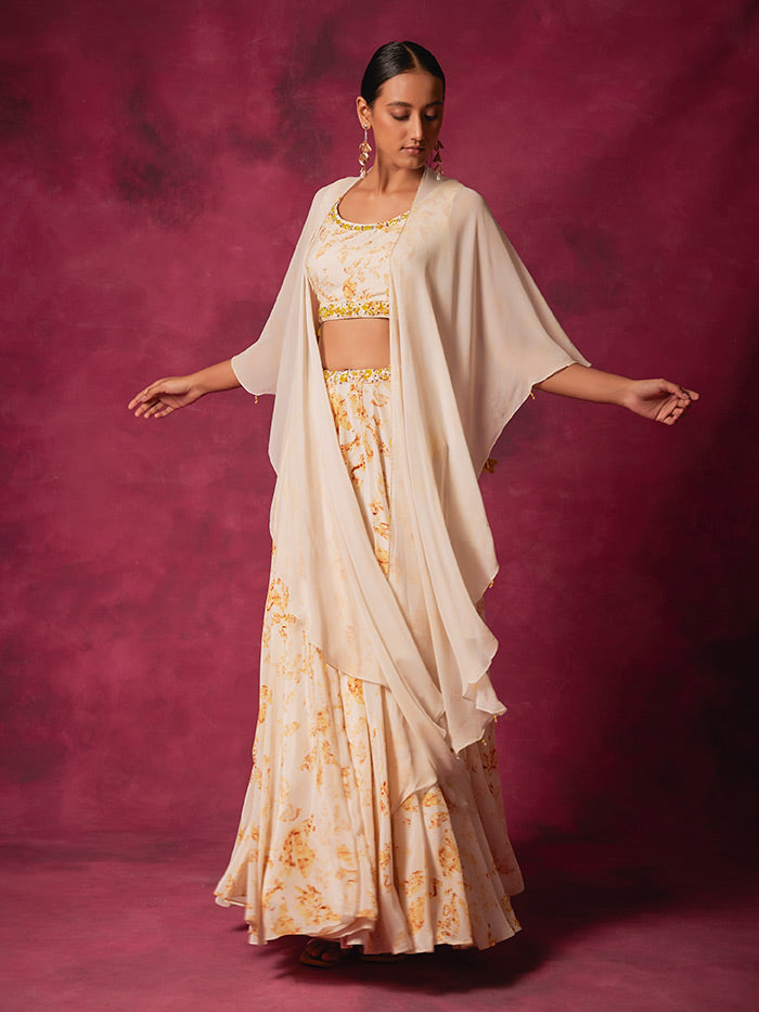 Cornelia Lehenga Set with Cape- Off White