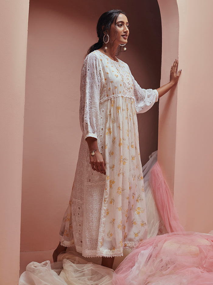 Frozen Off White Long Dress in Full Sleeves