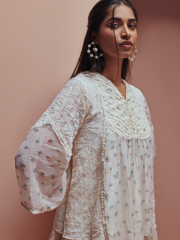Frozen Off White Layered Top with Flared Sleeves
