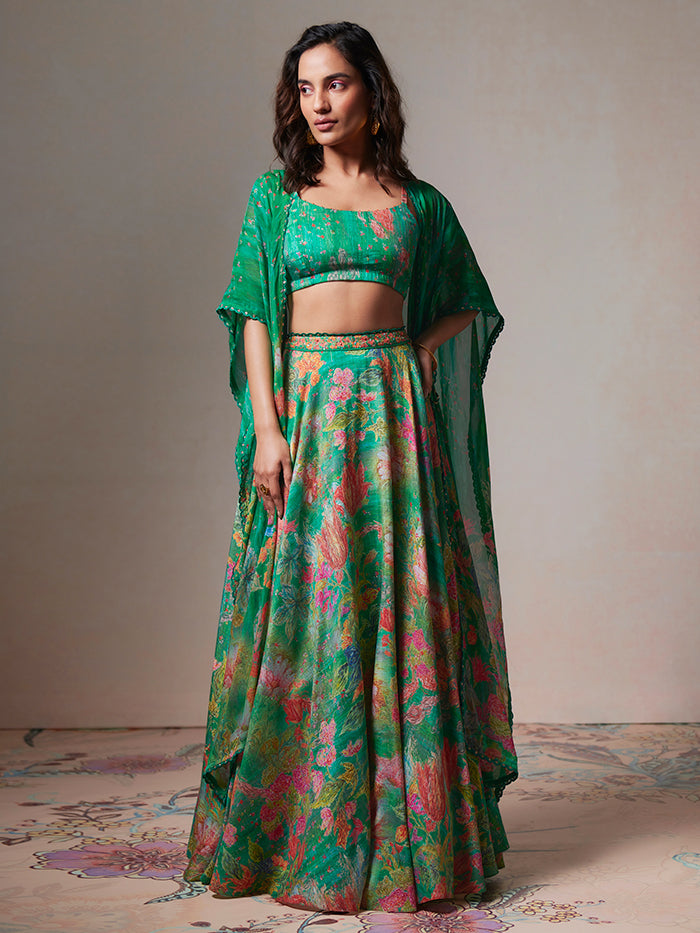 Nilofer Lehenga and Cape Set - Green