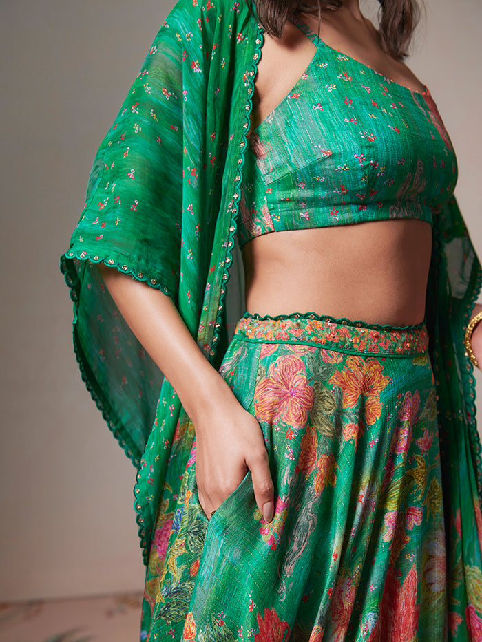 Nilofer Lehenga and Cape Set - Green