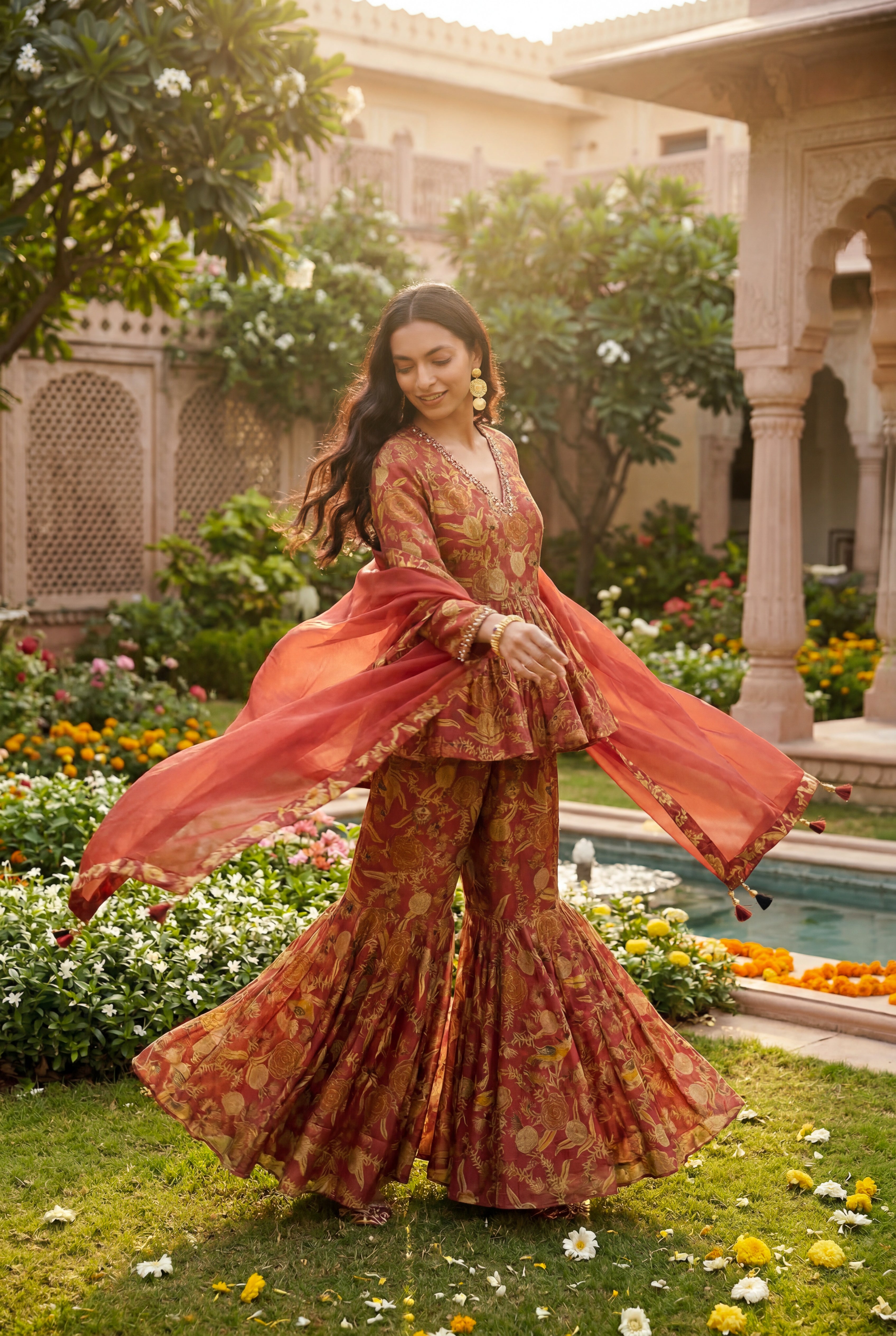 Gulnaar Kurta Sharara Set - Rust