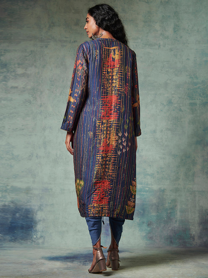 Khom Blue Jacket with Kantha Embroidery
