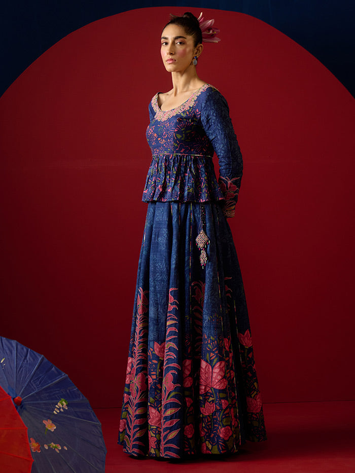Nomi Blue Peplum Top & Lehenga Set | Shop Saundh