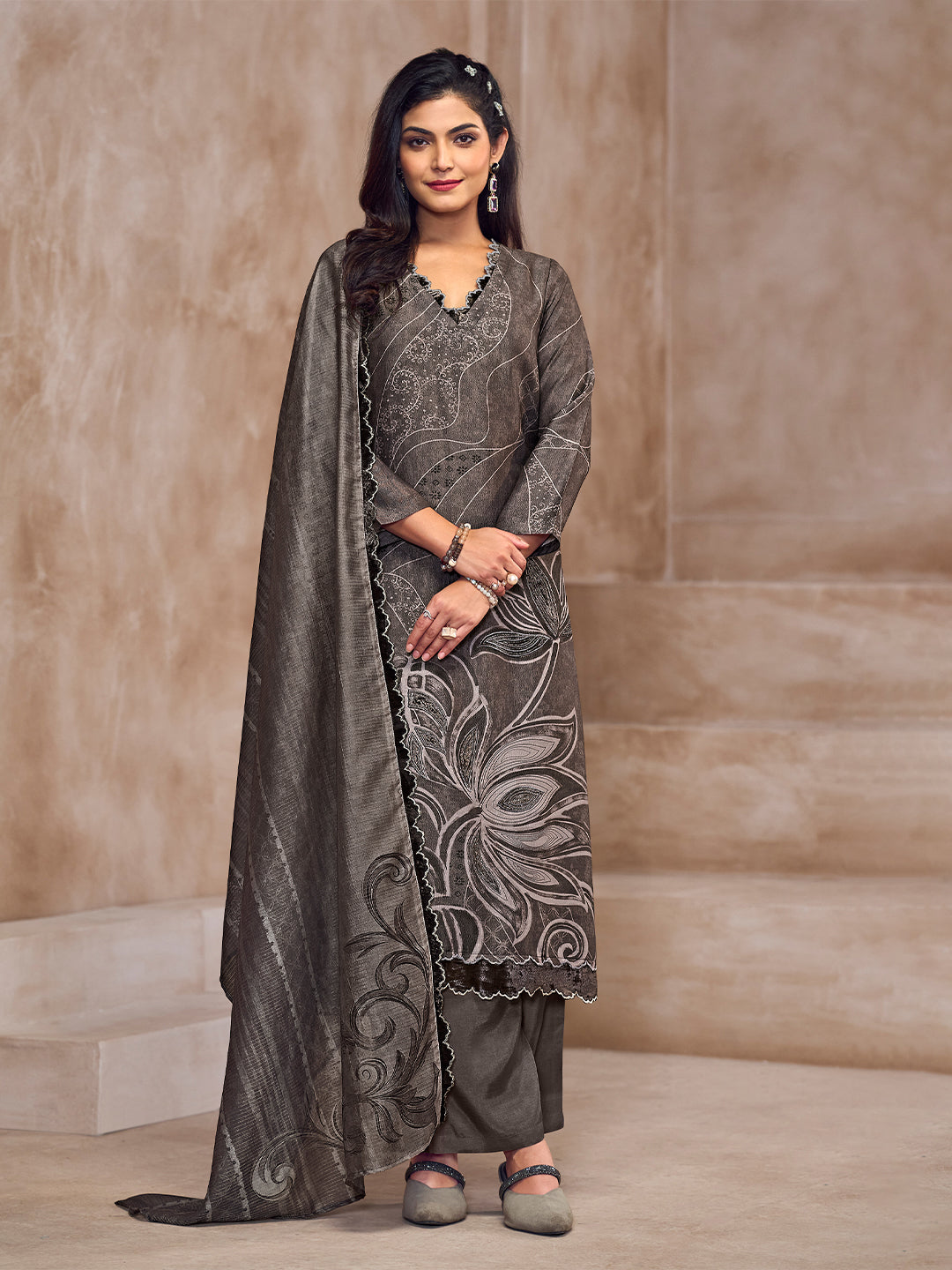 Manvi Kurta Set with Dupatta - Grey