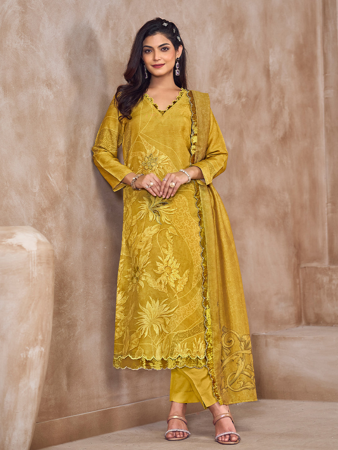 Manvi Kurta Set with Dupatta - Mustard
