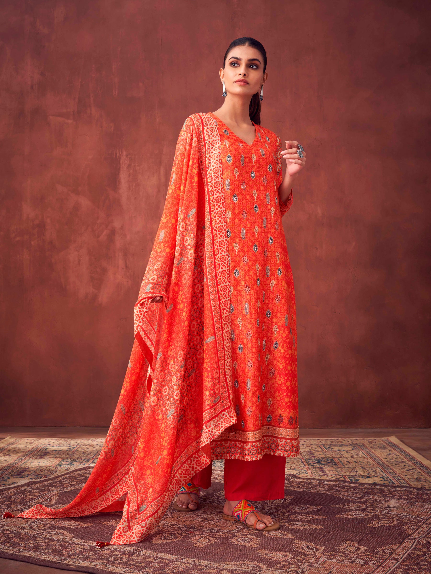 Miraya Unstitched Kurta Set - Orange